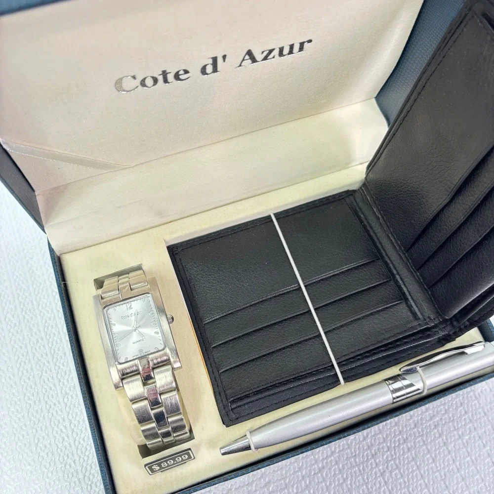 Cote dAzur Mens Watch Wallet Pen Gift Set Silver Tone Rectangle Face Black NIB - Picture 3 of 7